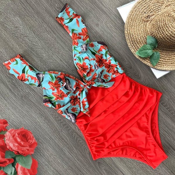 Duck Egg & Red Ruffle Shoulder One-Piece Swimsuit